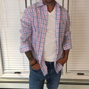 vineyard vines pink blue check button down shirt